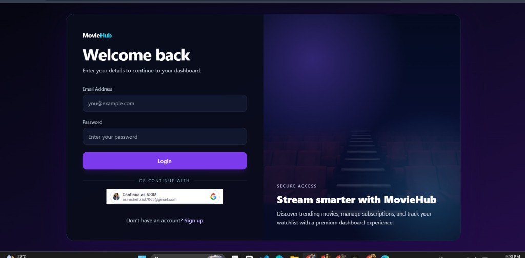 MovieHub login screen