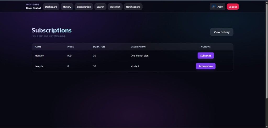 MovieHub subscriptions page